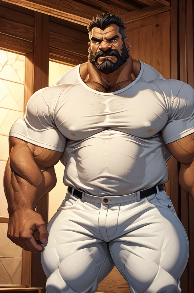 40 years old white Male, tall, giant body, handsome, dad bod, beefy, strong arms and legs, wide shoulders, a bit chubby muscle gut, a bit of fat but still very muscular, extremely hairy, a lot of body hair, short beard, wearing an untie black bathrobe with long sleeves, wearing a short black boxer brief, unrealistic oversized big bulge, barefoot, smirking, modern minimalist living room