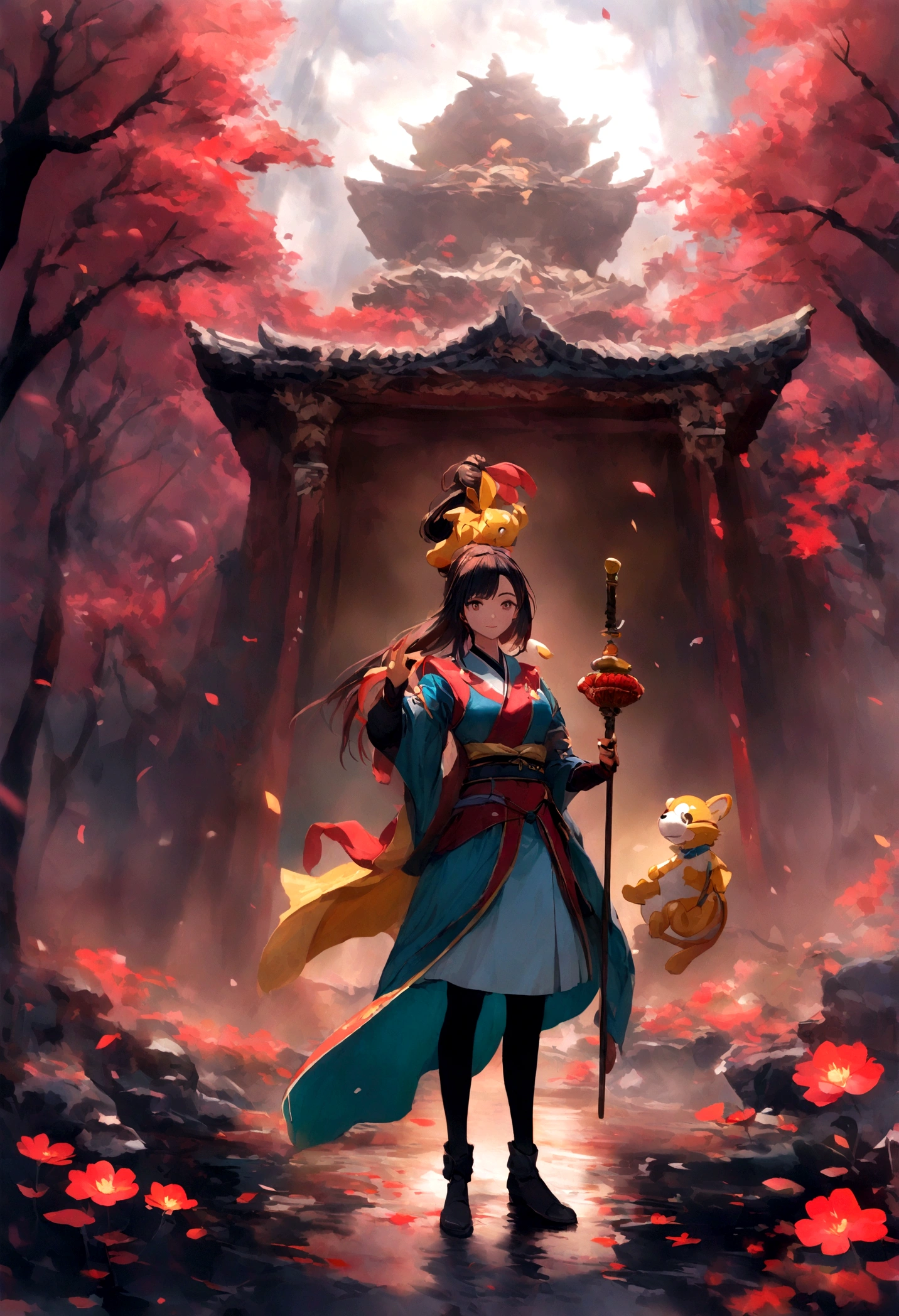 mulan de disney guerrera con mushu en el hombro con fondos de sakura