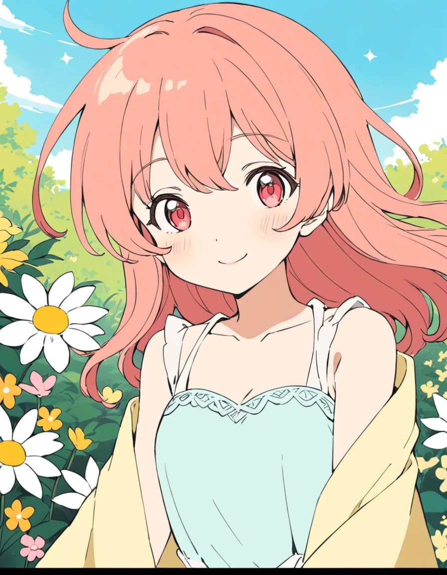 anime screencap, flat color, pastel color, (close up face), smile, princess strolling through a garden blooming with flowers under the summer sun. Her dress is a bright color reminiscent of the summer sky, and its hem sways lightly in the wind. Her cheeks are slightly reddened by the sunlight, and her eyes sparkle with the joy of summer.