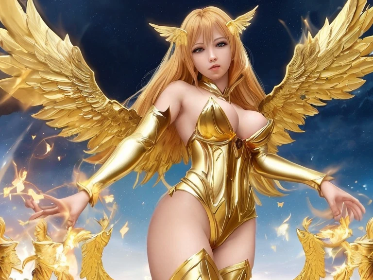 best quality)), ((masterpiece)), (detailed), Top quality、Top image quality、masterpiece,Perfect body, Exquisite and detailed facial features,,Full body shot,A woman in a golden costume with wings,Bikini, Angel Gold Armor, majestic angel, angel knight girl, Final Fantasy Tactics Characters, mystical atlantean valkyrie, Mysterious Valkyrie, Blazing Angel, Maple Leaf Story Character Art, With blazing golden wings, Golden Wings, April renderings, Mysterious Valkyrie, A woman in a golden costume with wings的特写, Best Bust、Optimal waist-hip ratio,Best Body Golden Ratio Concept Art Inspired by PwC, Baroque, Angel Gold Armor, majestic angel, angel knight girl, Final Fantasy Tactics Characters, mystical atlantean valkyrie, Mysterious Valkyrie, Blazing Angel, Maple Leaf Story Character Art, With blazing golden wings, Golden Wings, Battle with orcs,Photographic lenses,Ultra wide-angle lens,First person,
