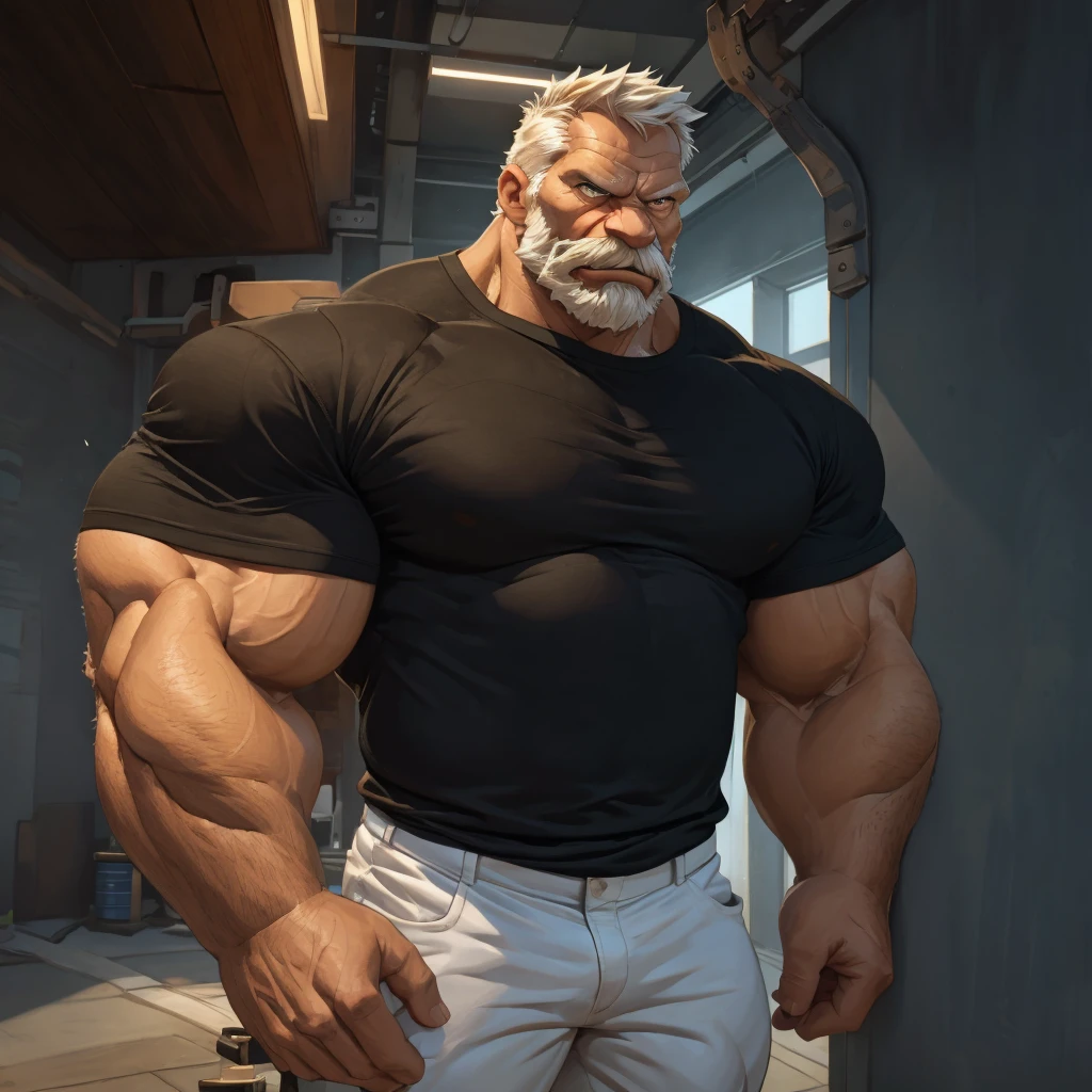 extremely huge muscular, massive muscular, full-body, well-muscled old man in a white shirt. Make sure the resulting image has a cartoonish look, with vibrant colors and smooth edges. Add details to give the old man an angry look, such as furrowed brows and a tight mouth. Make sure that the black shirt striped with white is an important element of the image, and add details to make it attractive and interesting. Add textures and details to make the image more realistic, such as the appearance of the shirt texture and the appearance of the skin. Make sure the resulting image is high resolution, 8K quality."