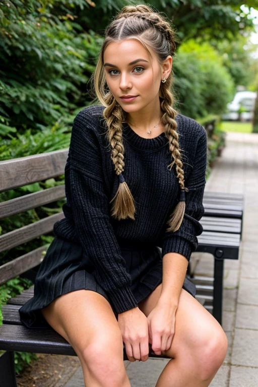 Woman sitting on a bench wearing a black sweater and skirt., coletas hairstyle, two coletas hairstyle, coleta braids, with black coletas, coletas hair, coletas, hair in coletas, long coleta, blond hair with coletas, chica con trenzas, peinado de dos colas, coleta, dos trenzas