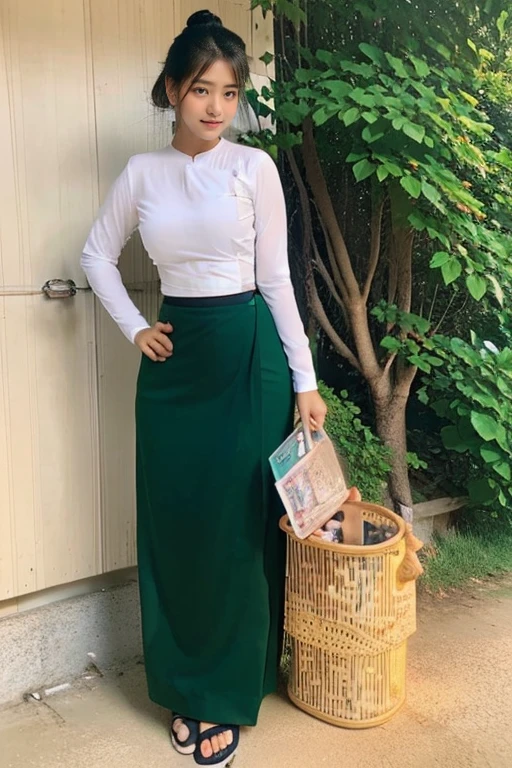 A school teacher is 30years old.Tall, thin, big hips, big breasts, black hair, small lips, brown eyes, attractive, K.Top=white Burmese blouse,With long sleeves,Buttoned at the side.Bottom=(Dark green) long skirt.
Footwear=female Burmese sandals,The hair is knotted bun.