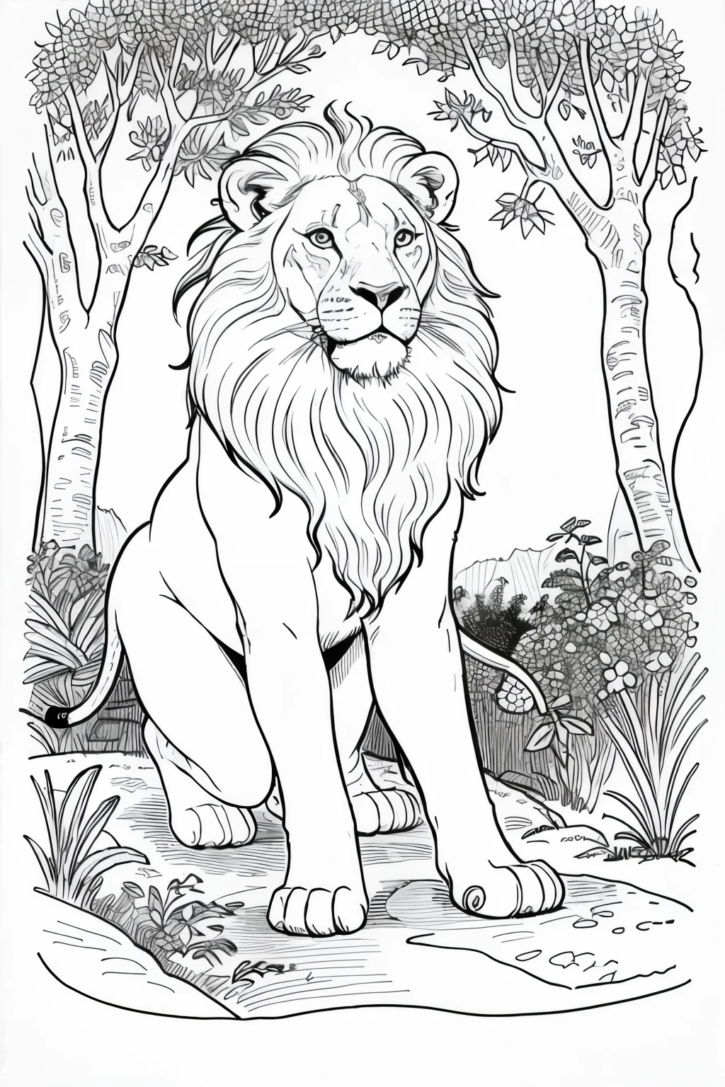 Lion in the forest coloring book, cartoon style, thick lines, no color, white background, strokes only, size A4