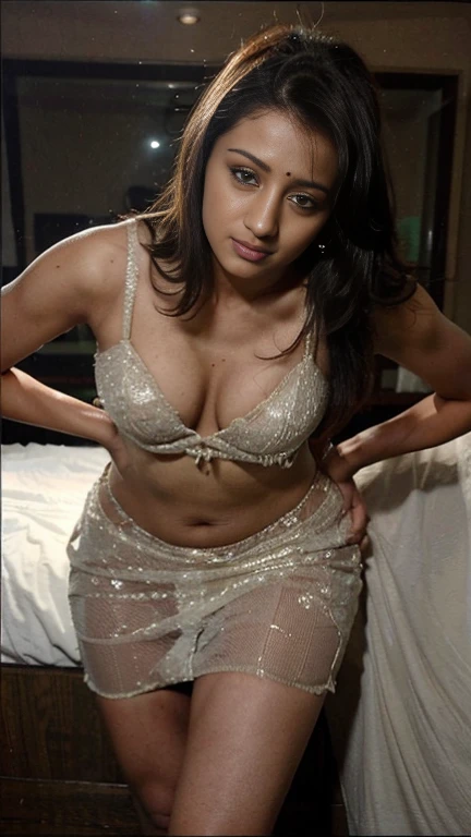 Trisha, face, trisha krishnan,trks woman, (closeup full bodyshot),Best quality, masterpiece, ultra high resolution, lingerie, bedroom, 30 year old, average size, ((big cheeks)), fleshy, looking at viewer ,