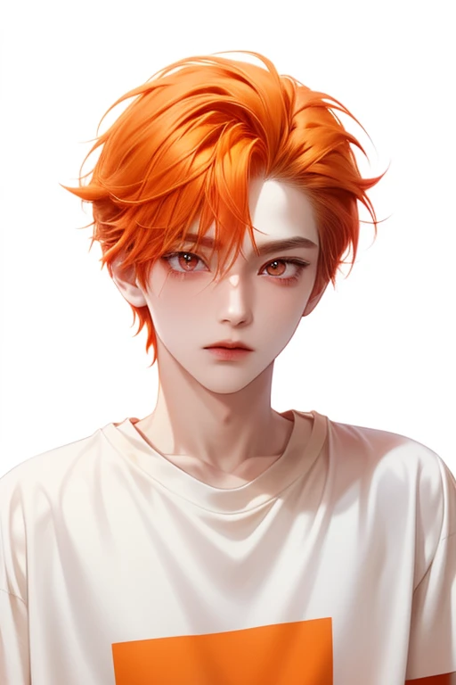 Boy, red-orange-yellow hair, red eyes, sharp features, white skin, orange t-shirt