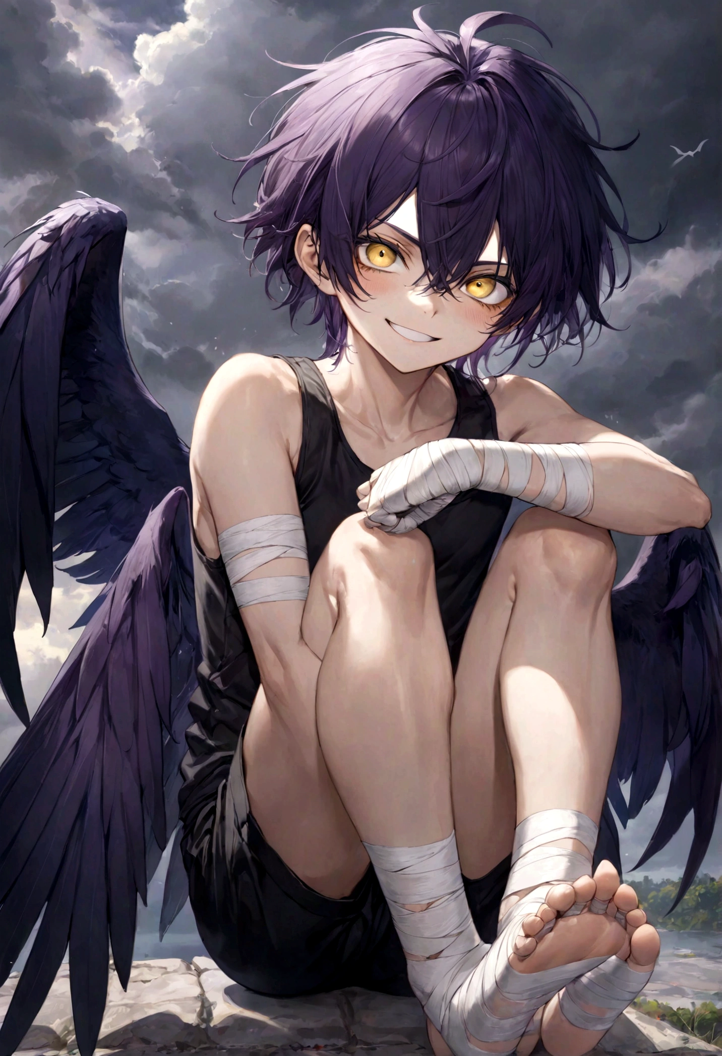 ((top-quality)), ((​masterpiece)), ((ultra-detailliert)), (extremely delicate and beautiful), harpy boy, bandages on feet, mischievous smile, dark purple hair, golden eyes, constricted pupils, dark purple wings, well fitted black tank top, dark black shorts, stormy sky background