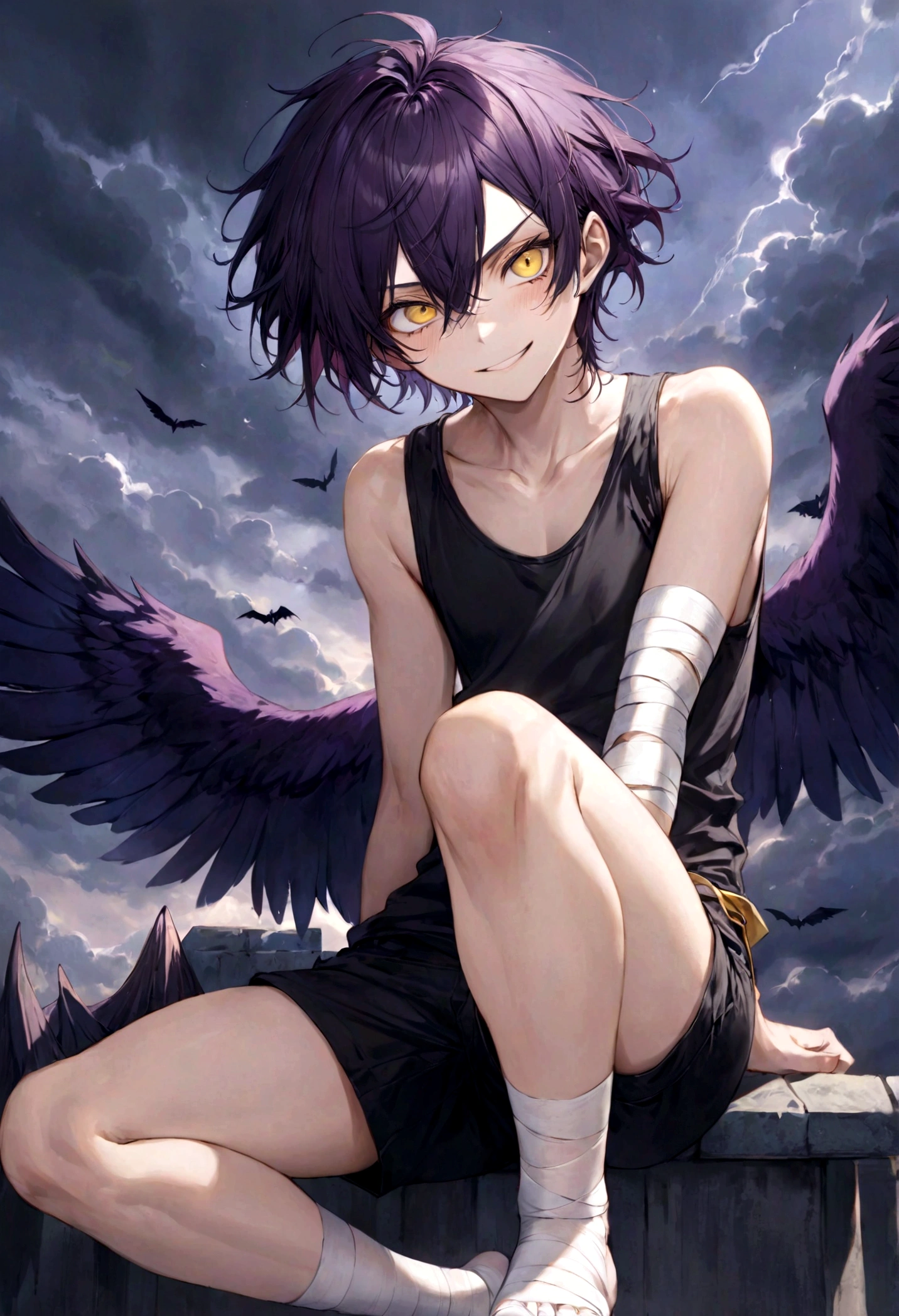 ((top-quality)), ((​masterpiece)), ((ultra-detailliert)), (extremely delicate and beautiful), harpy boy, bandages on feet, mischievous smile, dark purple hair, golden eyes, constricted pupils, dark purple wings, well fitted black tank top, dark black shorts, stormy sky background