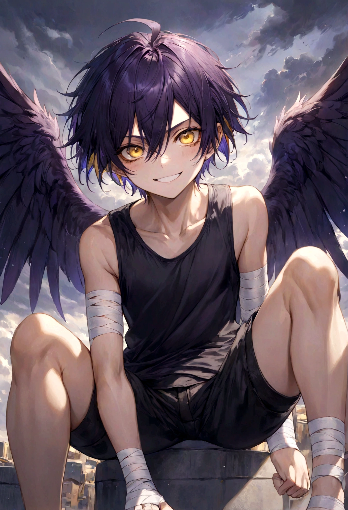 ((top-quality)), ((masterpiece)), ((ultra-detailliert)), (extremely delicate and beautiful), harpy boy, bandages on feet, mischievous smile, dark purple hair, golden eyes, constricted pupils, dark purple wings, well fitted black tank top, dark black shorts, stormy sky background