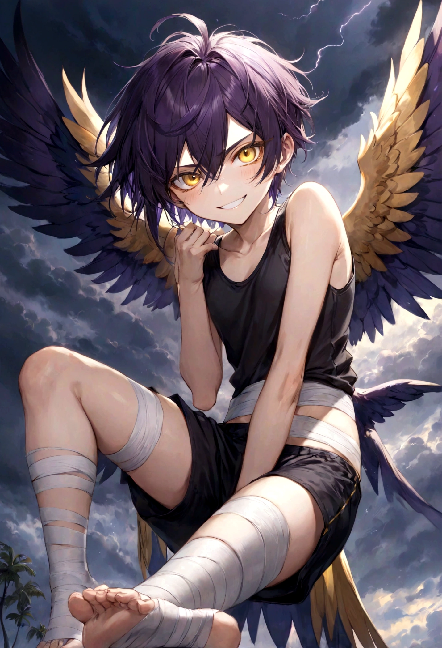 ((top-quality)), ((masterpiece)), ((ultra-detailliert)), (extremely delicate and beautiful), harpy boy, bandages on feet, mischievous smile, dark purple hair, golden eyes, constricted pupils, dark purple wings, well fitted black tank top, dark black shorts, stormy sky background
