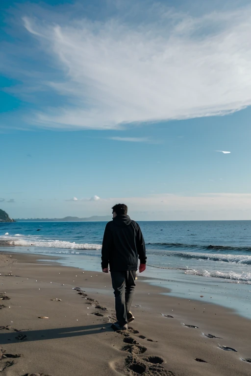 a man walks facing backwards while on the beach