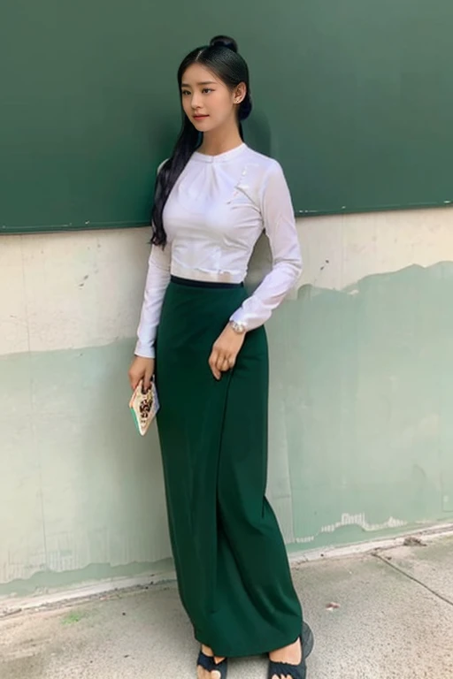 A school teacher is 30years old.Tall, thin, big hips, big breasts, black hair, small lips, brown eyes, attractive, K.Top=white Burmese blouse,With long sleeves,Buttoned at the side.Bottom=(Dark green) long skirt.
Footwear=female Burmese sandals,The hair is knotted bun.