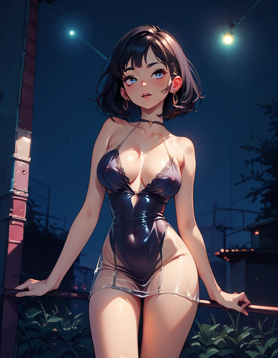 score_9, score_8_up, score_7_up, score_6_up, source_anime, 1girl, black hair, night sky,
Translucent liquid dress, thighs,