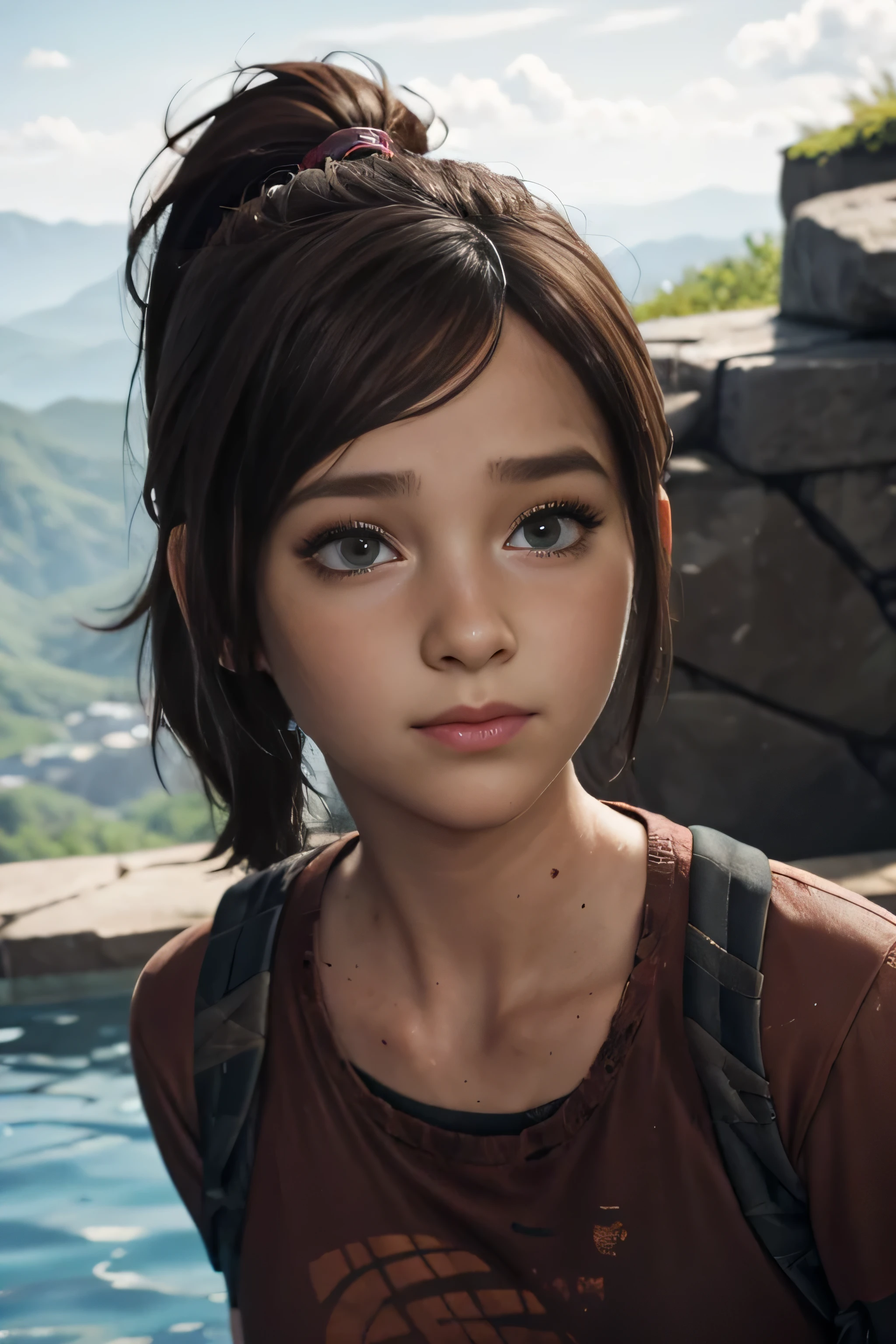 ellie the last of us, ponytail, from below, one-piece swimsuit, jewelry, foggy mountain, pool,  real face, Sunshine, High Detail, Ray Tracing, Image Fill, UHD, Masterpiece, Curated, Anatomically Correct, Super Detail, High Details, High Quality, Award-Winning, Best Quality, highres, 16k, High Dynamic Range, Stunning Realism, Highly Detailed, Beautiful Eyes (Highly Detailed), Perfect Body, Perfect Eyes, Shiny Clean Skin (Highly Detailed), Detailed Facial Features, Best Quality, Masterpiece, Detailed, Perfect Face, Excellent Texture, Realistic Luminescence, bokeh