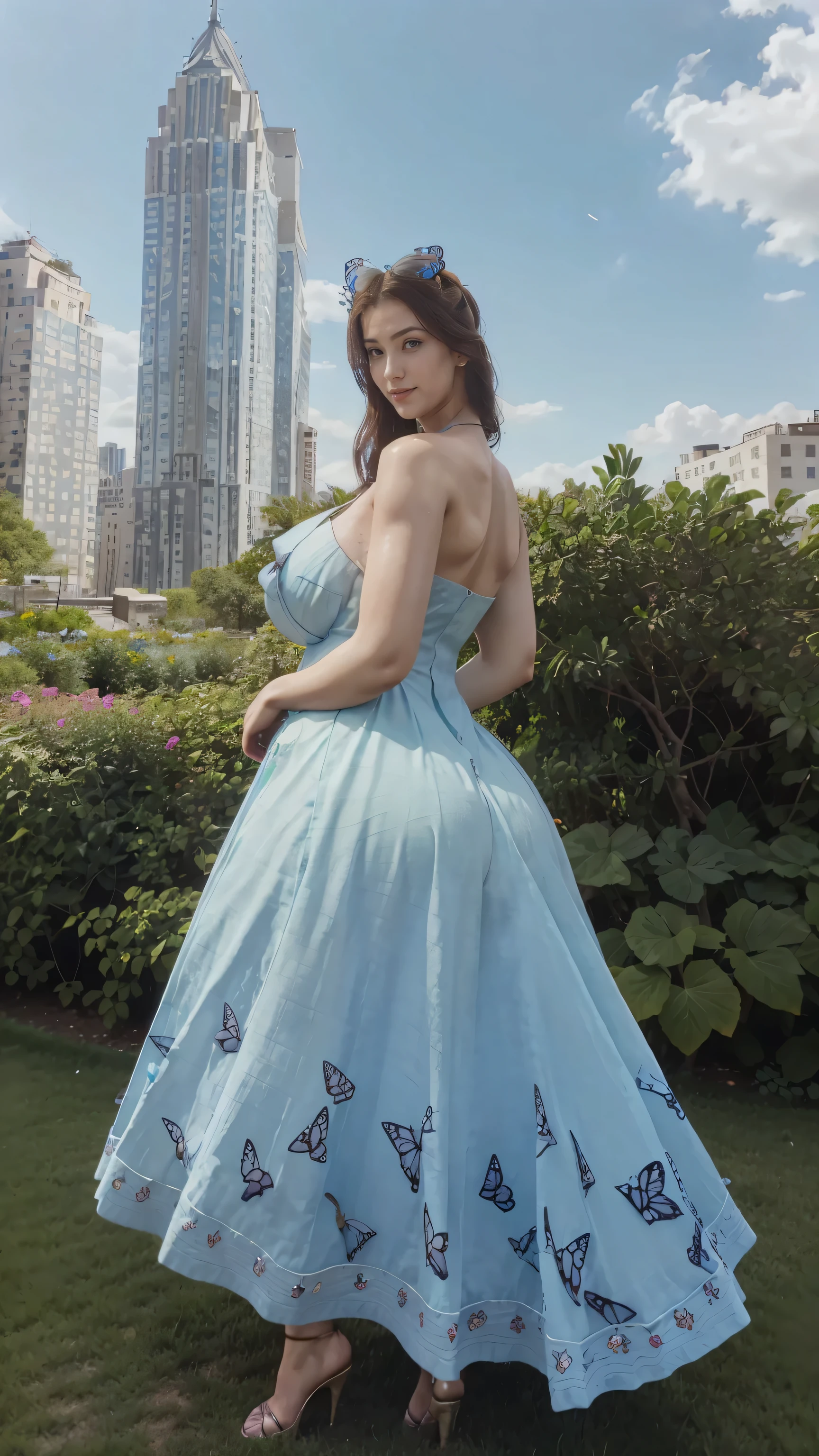 high quality,8K,high resolution,wife,1 personality,tall,realistic texture,Much Muchi,cute smile,one hand on back hip,(Plump body 8),(beautiful sky blue long frock, added butterfly design),(Muchimuchi body 8),(newyork building or garden scenery),colorful, round sunglasses,