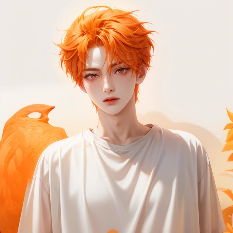 Boy, red-orange-yellow hair, red eyes, sharp features, white skin, orange t-shirt