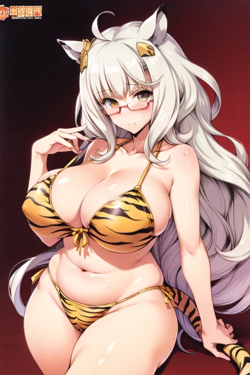 biwa hayahide \(umamusume\) wearing a yellow tiger bikini print, under rim glasses, Sexy body, plump, big tits, sexypose