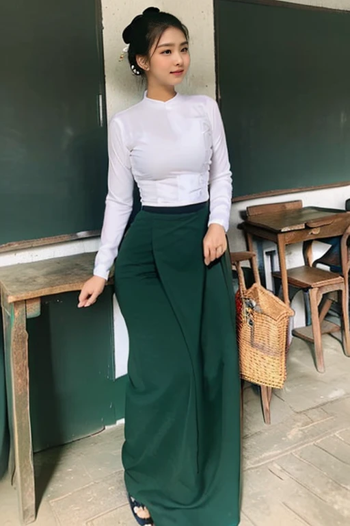 A school teacher is 30years old.Tall, thin, big hips, big breasts, black hair, small lips, brown eyes, attractive, K.Top=white Burmese blouse,With long sleeves,Buttoned at the side.Bottom=(Dark green) long skirt.
Footwear=female Burmese sandals,The hair is knotted bun.