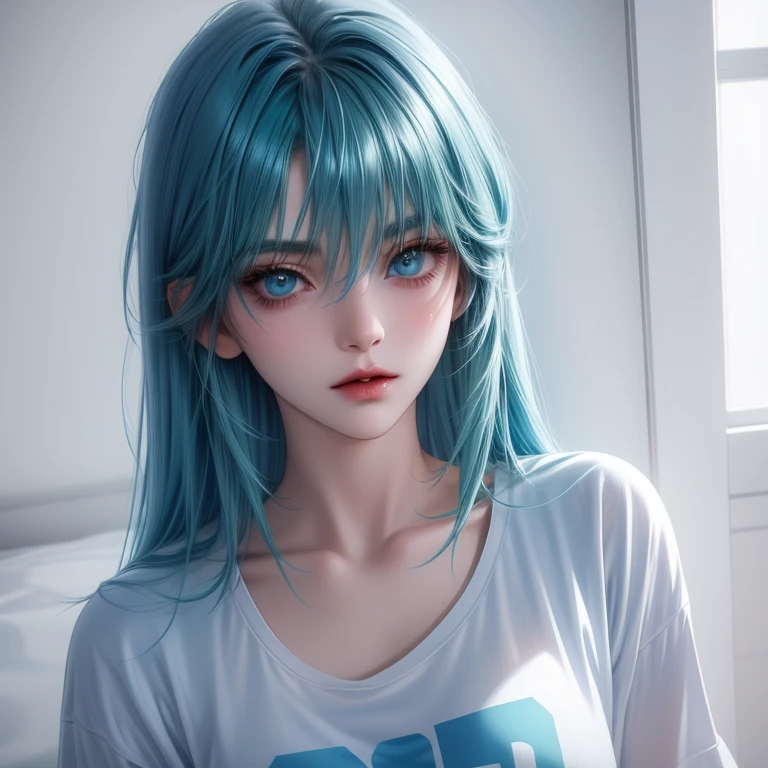 Girl, blue-green hair, blue eyes, sharp features, white skin, blue t-shirt