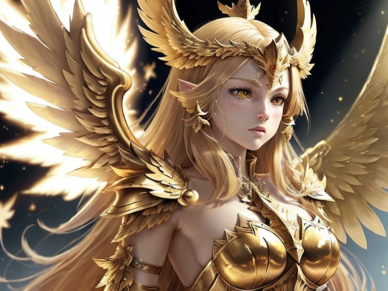 ((best quality)), ((masterpiece)), (detailed), Perfect body，Close-up of a woman wearing a golden costume with wings, Angel Gold Armor, majestic angel, angel knight girl, Final Fantasy Tactics Characters, mystical atlantean valkyrie, as a Mysterious Valkyrie, Blazing Angel, Maple Leaf Story Character Art, With blazing golden wings, Golden Wings, April renderings, Mysterious Valkyrie, Close-up of a woman wearing a golden costume with wings, Concept art inspired by PwC, pixiv, Baroque, Angel Gold Armor, majestic angel, angel knight girl, Final Fantasy Tactics Characters, mystical atlantean valkyrie, as a Mysterious Valkyrie, Blazing Angel, Maple Leaf Story Character Art, With blazing golden wings, Golden Wings, Battle with orcs
