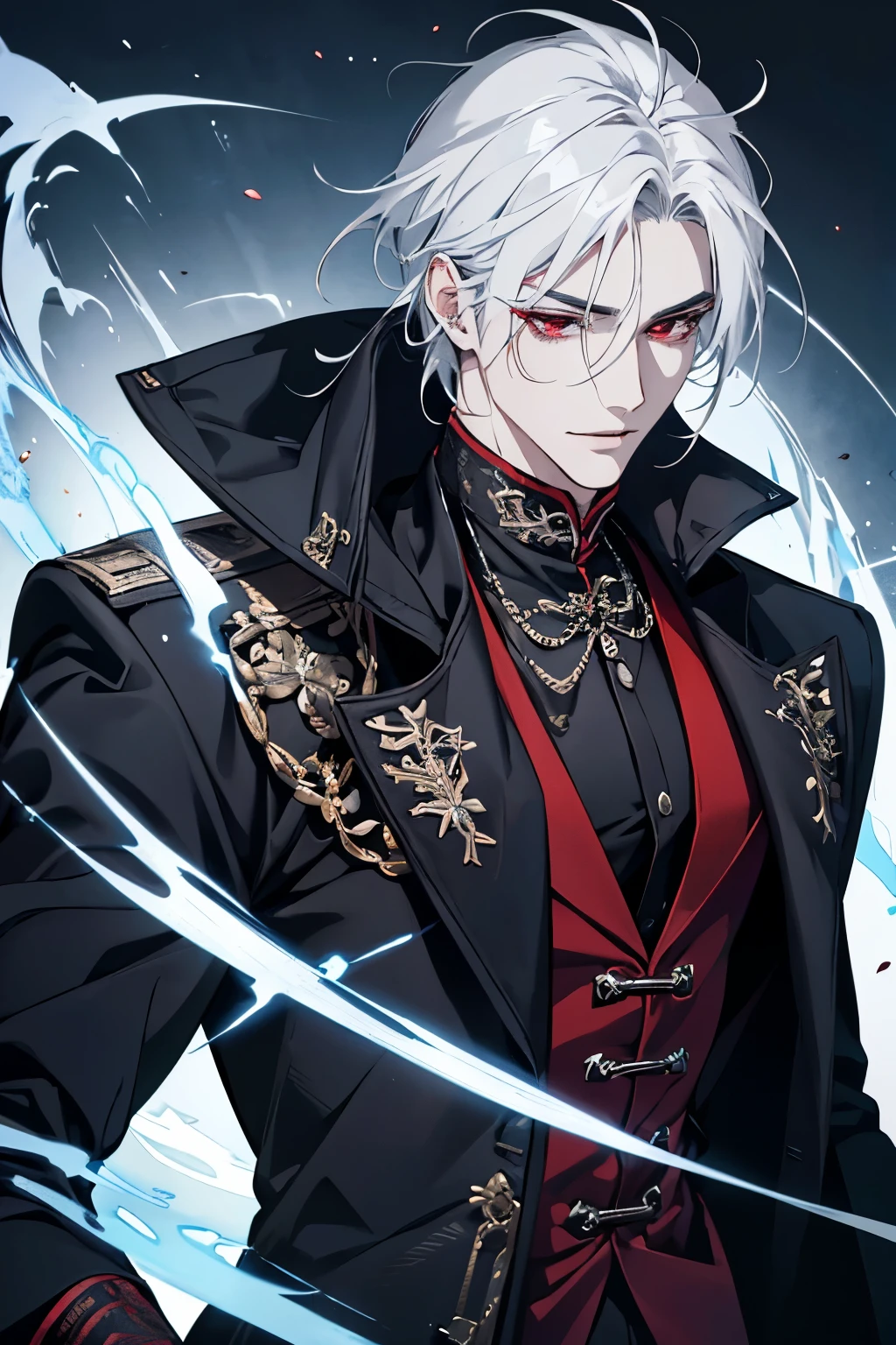close-up of a person with a black coat and white hair, full body xianxia, ​​handsome male god of death, vampire fashion, wearing a black noble suit, detailed anime character art, male vampire of the banu haqim clan, body whole black and black long coat, with his short white hair, straight hair, androgynous vampire, detailed 20s male face, ultra realistic anime, emotionless red eyes, INTJ, intelligent, silver, black, smile, English smile, tela de sistema, tela azul semi-trasparente, telas de jogo vr flutuantes