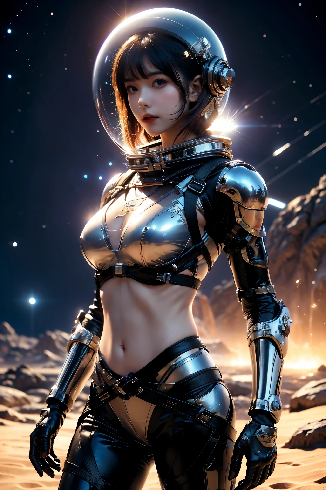 a girl in spacesuit, fully exposed midriff, bare waist,cowboy-shot, in outer space, desolate alien planet, transparen space-helmet,Transparent full-face helmet ,((bikini top)),((metal Bikini armor)), sexy exposed midriff, full metallic armor, bare midriff and waist, open abdomen, fully exposed abdomen, cowboy-shot, realistic, photorealistic, high quality, 8k, extremely detailed, masterpiece, dynamic pose, dramatic lighting, cinematic, sci-fi, futuristic, vibrant colors