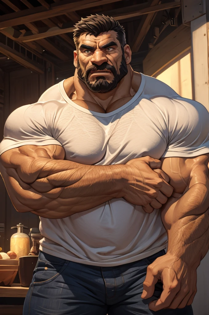 extremely huge muscular, massive muscular, full-body, well-muscled old man in a white shirt. ((extremely muscle size, super thick arms, huge pectoral, extremely wide pectoral , huge arms)). Make sure the resulting image has a cartoonish look, vibrant colors and smooth edges. Add details to give the old man an angry look, such as furrowed brows and a tight mouth. Make sure that the black shirt striped with white is an important element of the image, and add details to make it attractive and interesting. Add textures and details to make the image more realistic, such as the appearance of the shirt texture and the appearance of the skin. Make sure the resulting image is high resolution, 8K quality."