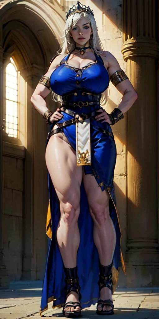 full body, whole body. loincloth standing, hands on hips full body, 1solo (girl). slave fighter, metal sandals, choker, big belt, view from below, feet together, bracers, tiara