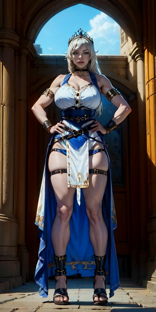 full body, whole body. loincloth standing, hands on hips full body, 1solo (girl). slave fighter, metal sandals, choker, big belt, view from below, feet together, bracers, tiara