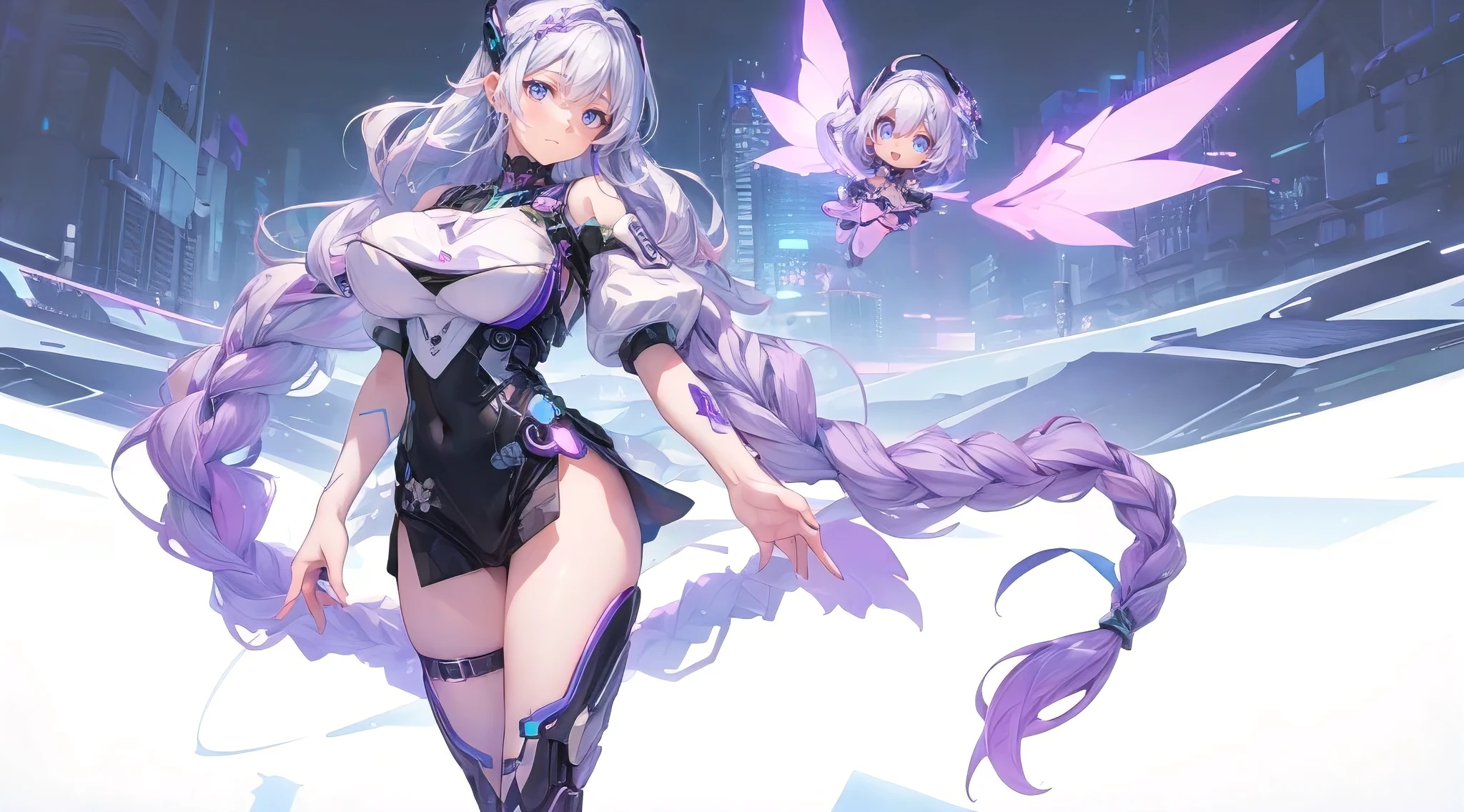 (best quality, ultra-detailed), crypticgirl, standing pose on a digital highway that represents the vast cyberspace, neon lit scenery, with her is a chibi android fairy, detailed mechanical build with wing, braided white hair with purple ombre, flying happily beside her, close-up portrait