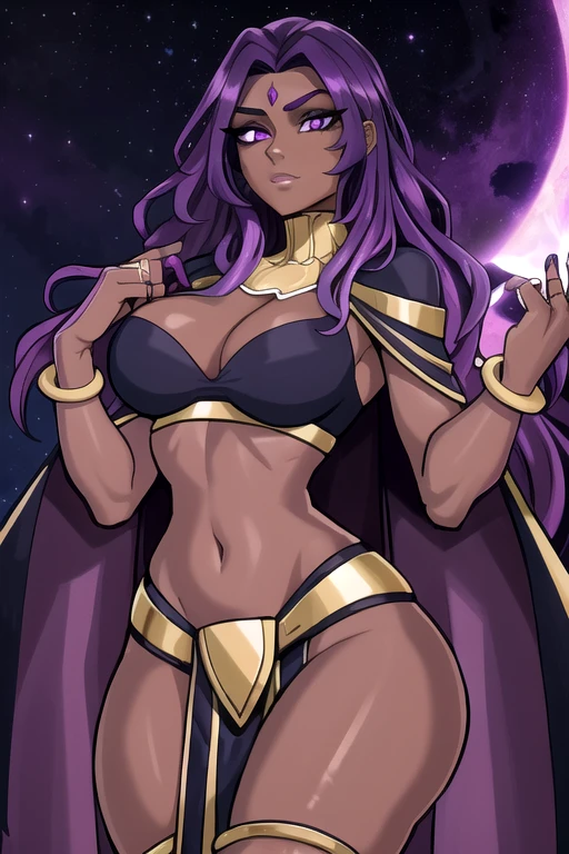 (best quality:1.3), (4K quality), (Detailed face:1.2), (Detailed eyes:1.2), solo, 1girl, 25 year old woman, darkmage, (dark skin:1.2), purple hair, wavy hair, long hair, purple eyes, mascaras, purple eyeshadow, medium breasts, waist, slender legs, attractive body, slim figure, perfect shape, wide hips, cleavage, standing, bodystocking, hands glowing with purple magic, purple aurora's, mature female, fantasy based setting, fortress, darkness, dark, night, night sky, moon