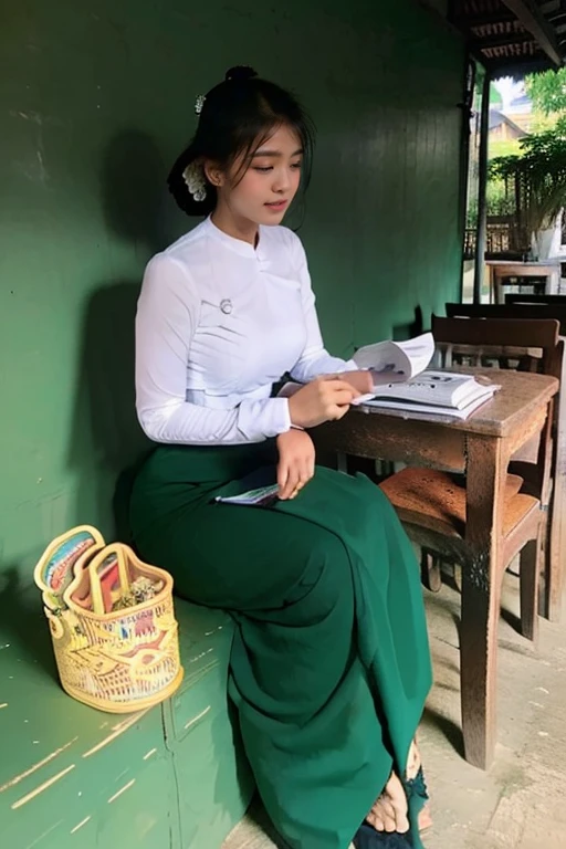 A school teacher is 30years old.Tall, thin, big hips, big breasts, black hair, small lips, brown eyes, attractive, K.Top=white Burmese blouse,With long sleeves,Buttoned at the side.Bottom=(Dark green) long skirt.
Footwear=female Burmese sandals,The hair is knotted bun.