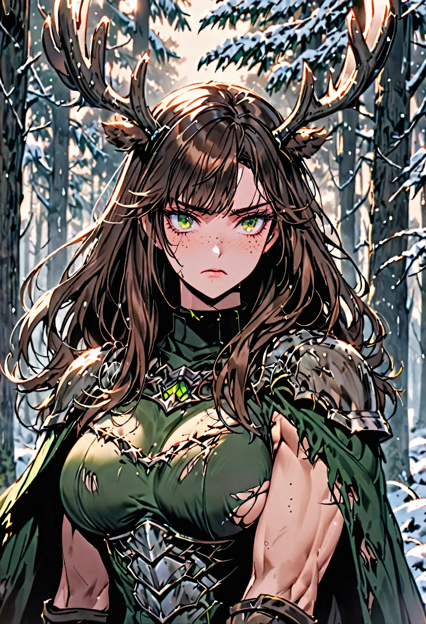 Solo, female, sfw, medium shot, brown hair, long hair, wild hair, moose antlers, huge woman, muscular, large breasts, armor, green eyes, torn cape, winter, forest, freckles, worried
