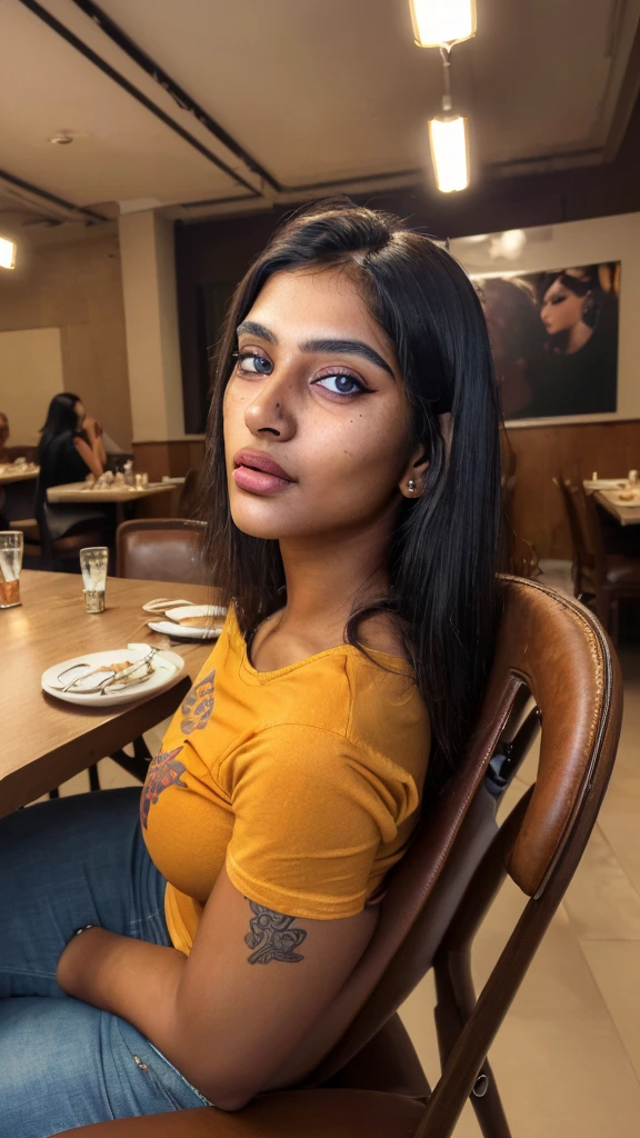 a beautiful indian woman, 22 years old, tan skin, perfect facial features, gorgeous girl, wearing jeans and a t-shirt, guitar-like body shape, large breasts and butt, sitting on a chair in a restaurant, (best quality,4k,8k,highres,masterpiece:1.2),ultra-detailed,(realistic,photorealistic,photo-realistic:1.37),highly detailed face, beautiful detailed eyes, beautiful detailed lips, extremely detailed eyes and face, long eyelashes, realistic skin texture, studio lighting, vivid colors, warm color tones, photorealistic, digital art, portrait