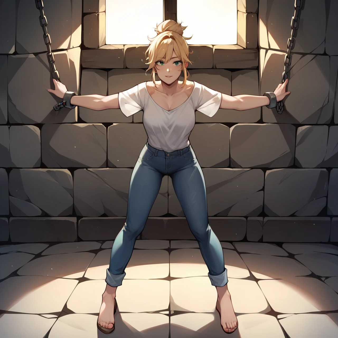 score_9, score_8_up, score_7_up, score_6_up, score_5_up, score_4_up, source_anime, 1girl, blonde hair, hair bun, green eyes, w-w-chain, spread arms, messy hair, white shirt, jeans pants, dungeon, best quality, best res, 4K UHD,
 