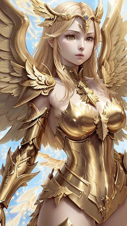((best quality)), ((masterpiece)), (detailed), Perfect body,Close-up of a woman wearing a golden costume with wings, Angel Gold Armor, majestic angel, angel knight girl, Final Fantasy Tactics Characters, mystical atlantean valkyrie, as a Mysterious Valkyrie, Blazing Angel, Maple Leaf Story Character Art, With blazing golden wings, Golden Wings, April renderings, Mysterious Valkyrie, Close-up of a woman wearing a golden costume with wings, Concept art inspired by PwC, pixiv, Baroque, Angel Gold Armor, majestic angel, angel knight girl, Final Fantasy Tactics Characters, mystical atlantean valkyrie, as a Mysterious Valkyrie, Blazing Angel, Maple Leaf Story Character Art, With blazing golden wings, Golden Wings, Battle with orcs