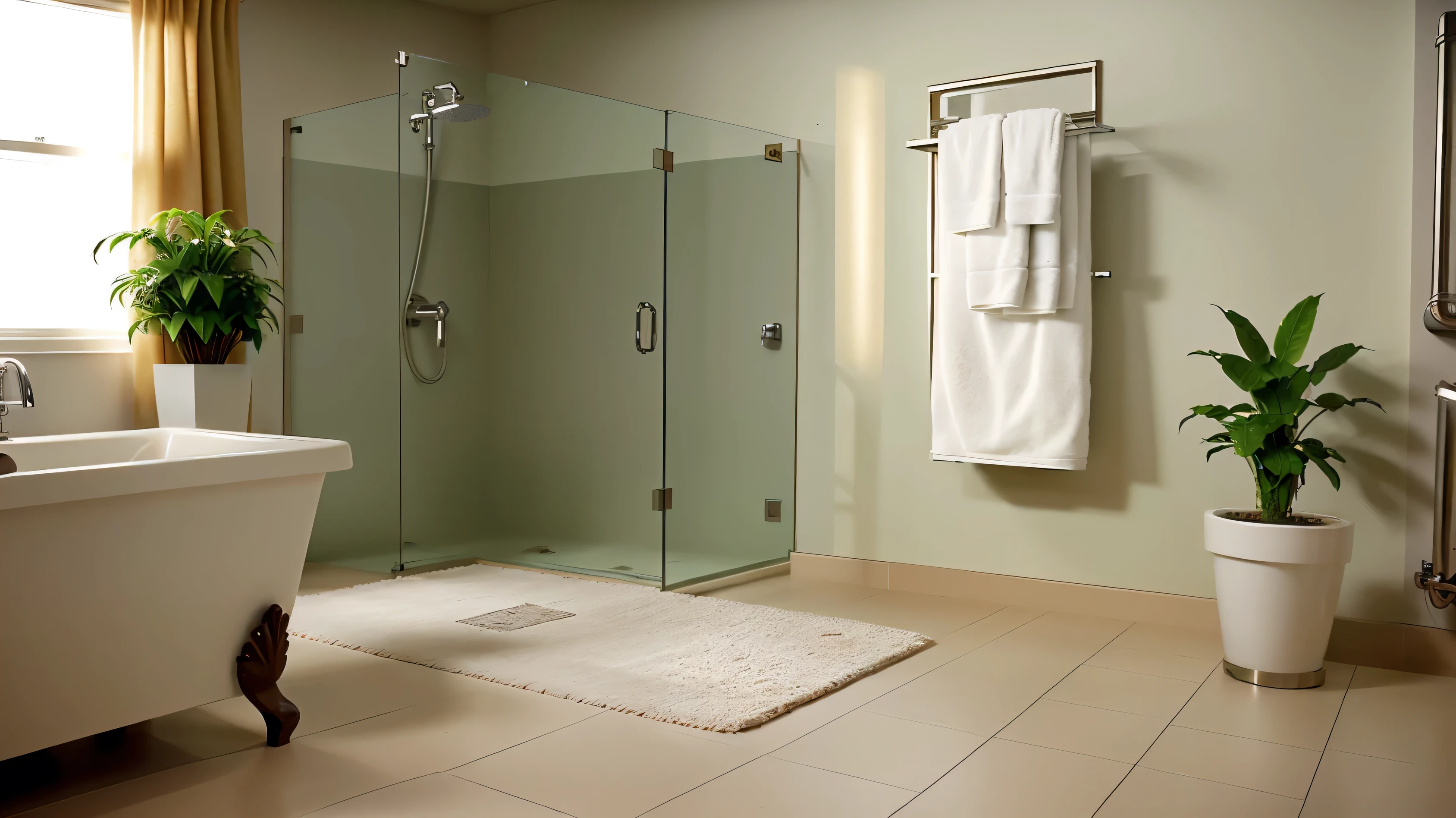 Design a modern American-style bathroom with a following layout: * Walls: Thin yellow paper-like finish * Floor: White * Curtains: Green * Towels: None specified, assume standard issue * Lighting: Mild morning sunlight and/or wooden accent lighting (representing a sense of warmth and coziness) * Level of detail: Extremely precise and detailed, similar to 16K resolution * Add some potted plants and a poster of the ocean Requirements: * Highest quality graphics * Precise and detailed description * Minimal description, focus on precise visual representation Genre: Bathroom interior design" Note: * I broke down the original prompt into a more concise and clear description * I removed the superfluous information and focused on the core elements of the design * I added specific details to help the model understand the requirements and genre * I kept the tone professional and concise to ensure the model generates a precise and detailed description