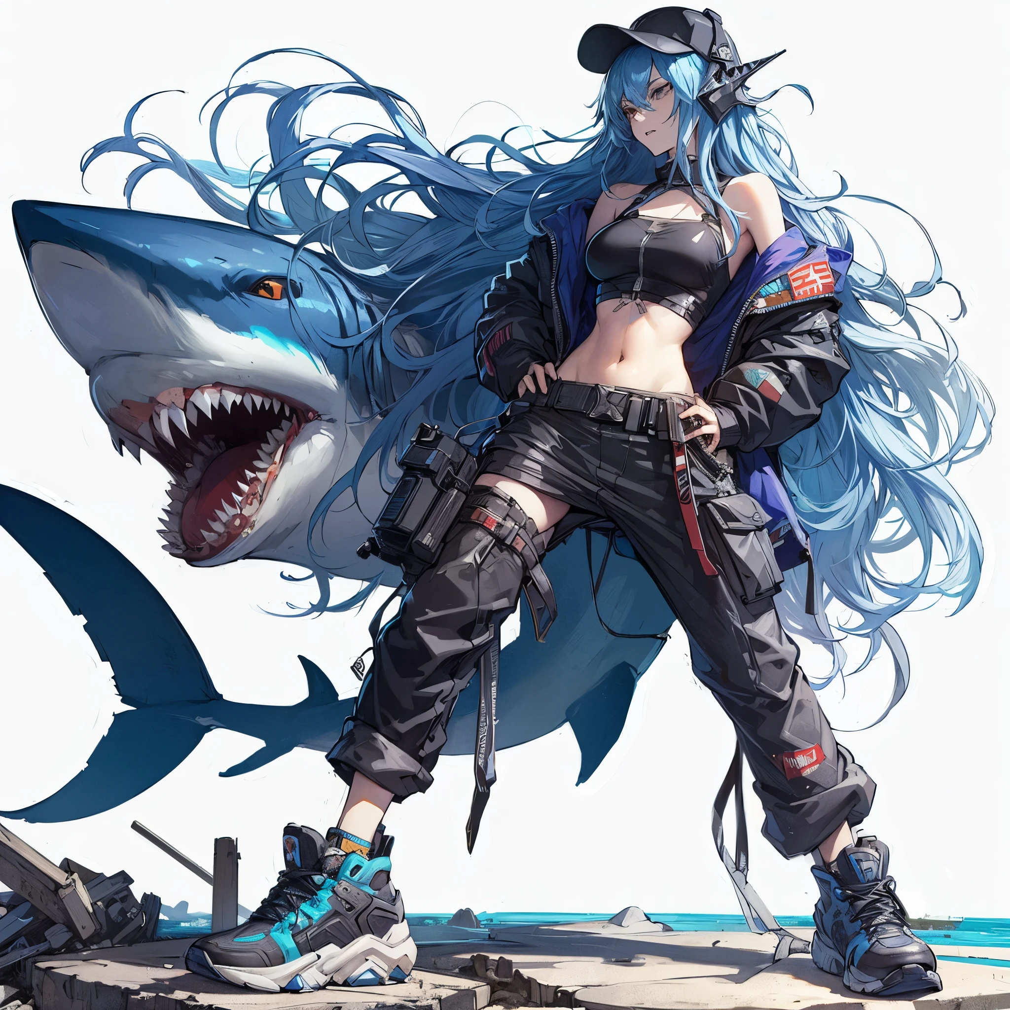 (Masterpiece, Top Quality), (Fine Hair), Ultra-Detailed, Anime Style, Solo, Full Length, Concept Art, Cyberpunk ninja shark lady, Jagged-Shark-Teeth, Shark Head, blue wavy long hair, wearing Street Fashion, boots sneaker. White background, standing full length, standing on wasted earth,