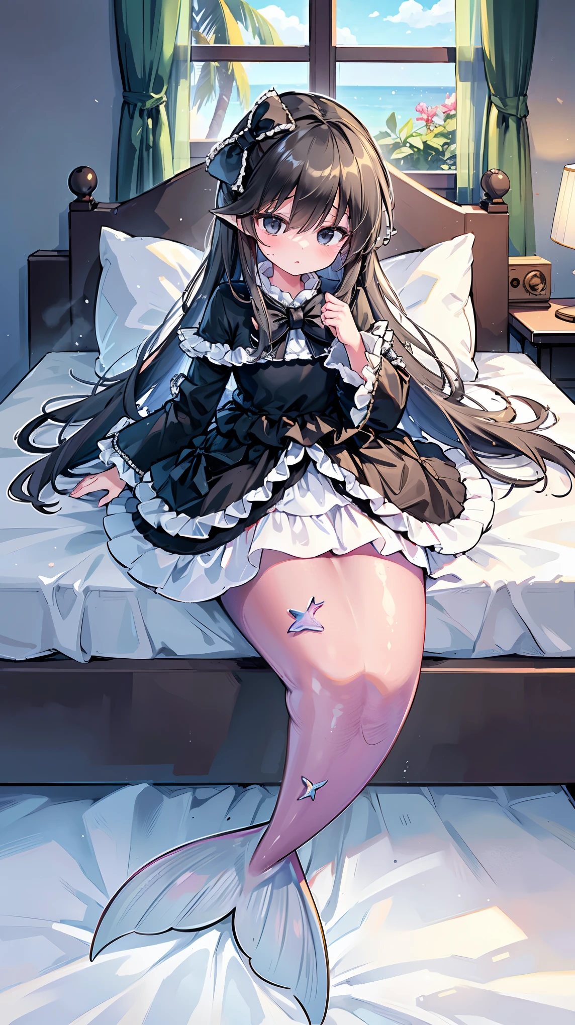 masterpiece, best quality,ghost belle,Mermaid,A girl,Hair between the eyes,Very long hair,black eyes,Hair Bow,Black Hair,Wide sleeves,Black dress,Blue bow,Ruffle dress,Ruffled sleeves,solo,黑色的Mermaid尾巴,full-body shot,Lying in bed,bedroom,Sea view from the window,