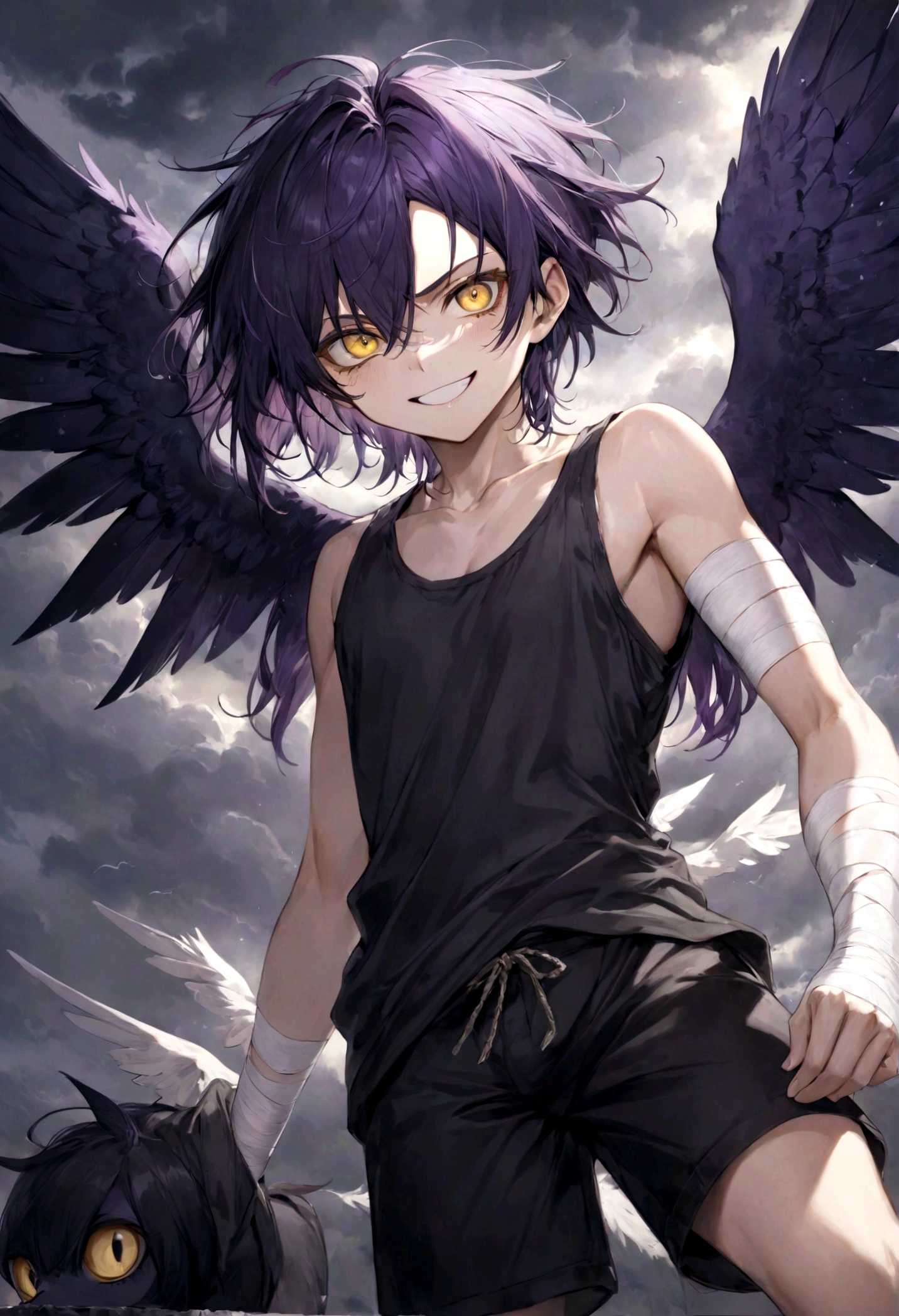 ((top-quality)), ((​masterpiece)), ((ultra-detailliert)), (extremely delicate and beautiful), harpy boy, bandages on feet, mischievous smile, dark purple hair, golden eyes, constricted pupils, dark purple wings, well fitted black tank top, dark black shorts, stormy sky background