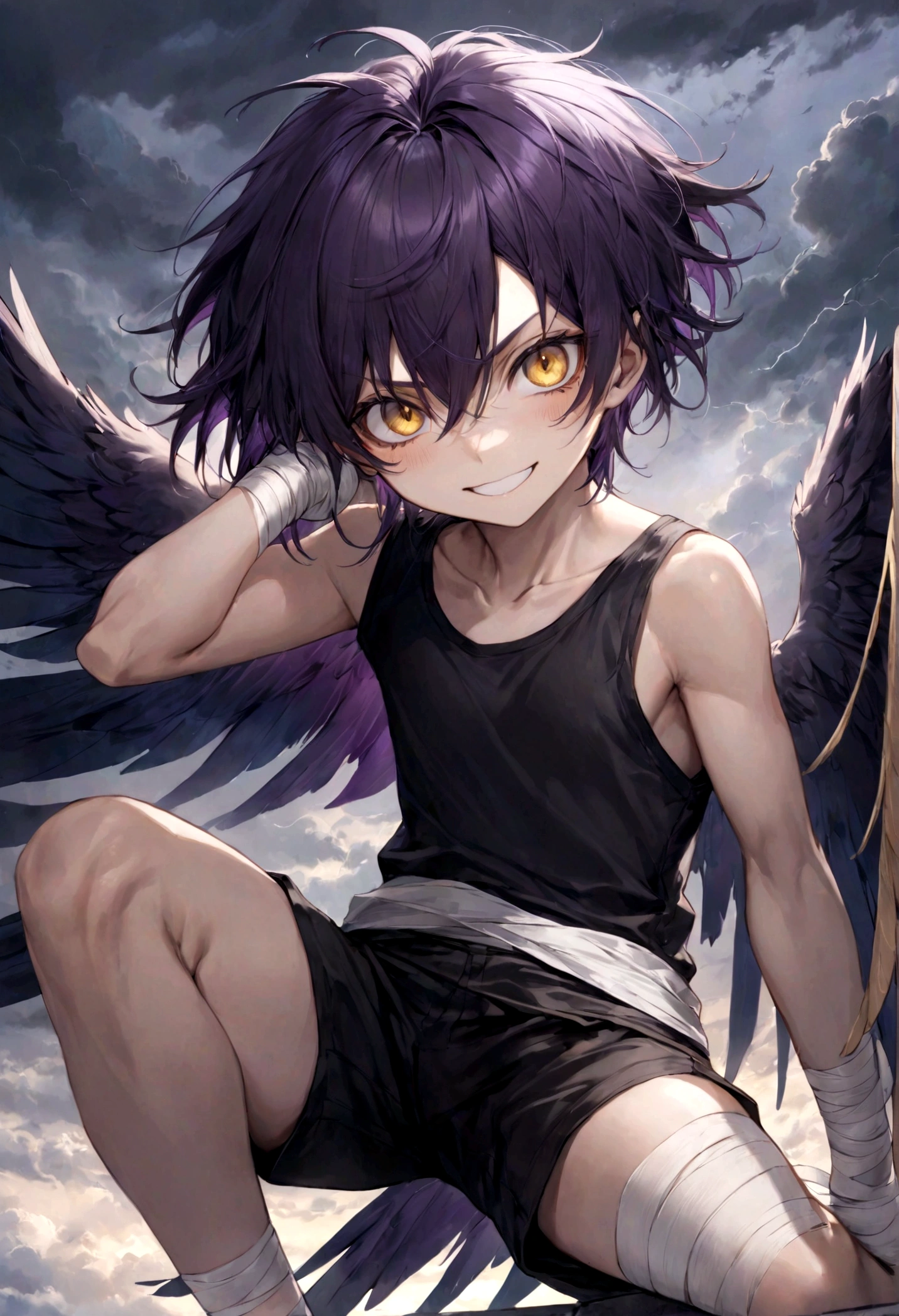 ((top-quality)), ((masterpiece)), ((ultra-detailliert)), (extremely delicate and beautiful), harpy boy, bandages on feet, mischievous smile, dark purple hair, golden eyes, constricted pupils, dark purple wings, well fitted black tank top, dark black shorts, stormy sky background