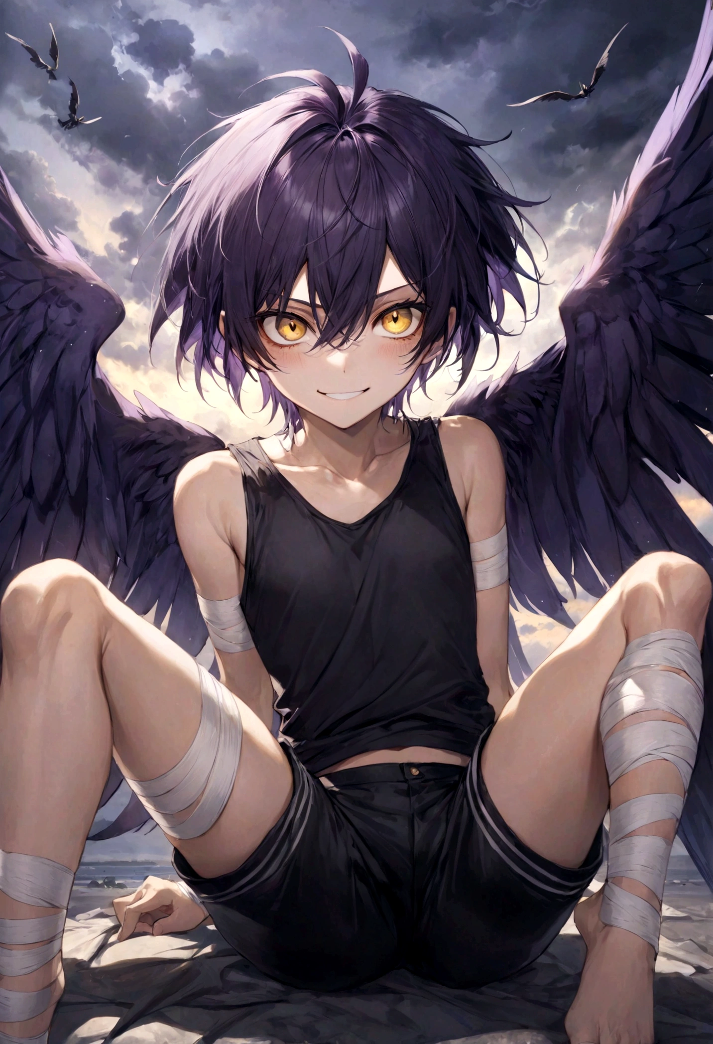 ((top-quality)), ((​masterpiece)), ((ultra-detailliert)), (extremely delicate and beautiful), harpy boy, bandages on feet, mischievous smile, dark purple hair, golden eyes, constricted pupils, dark purple wings, well fitted black tank top, dark black shorts, stormy sky background