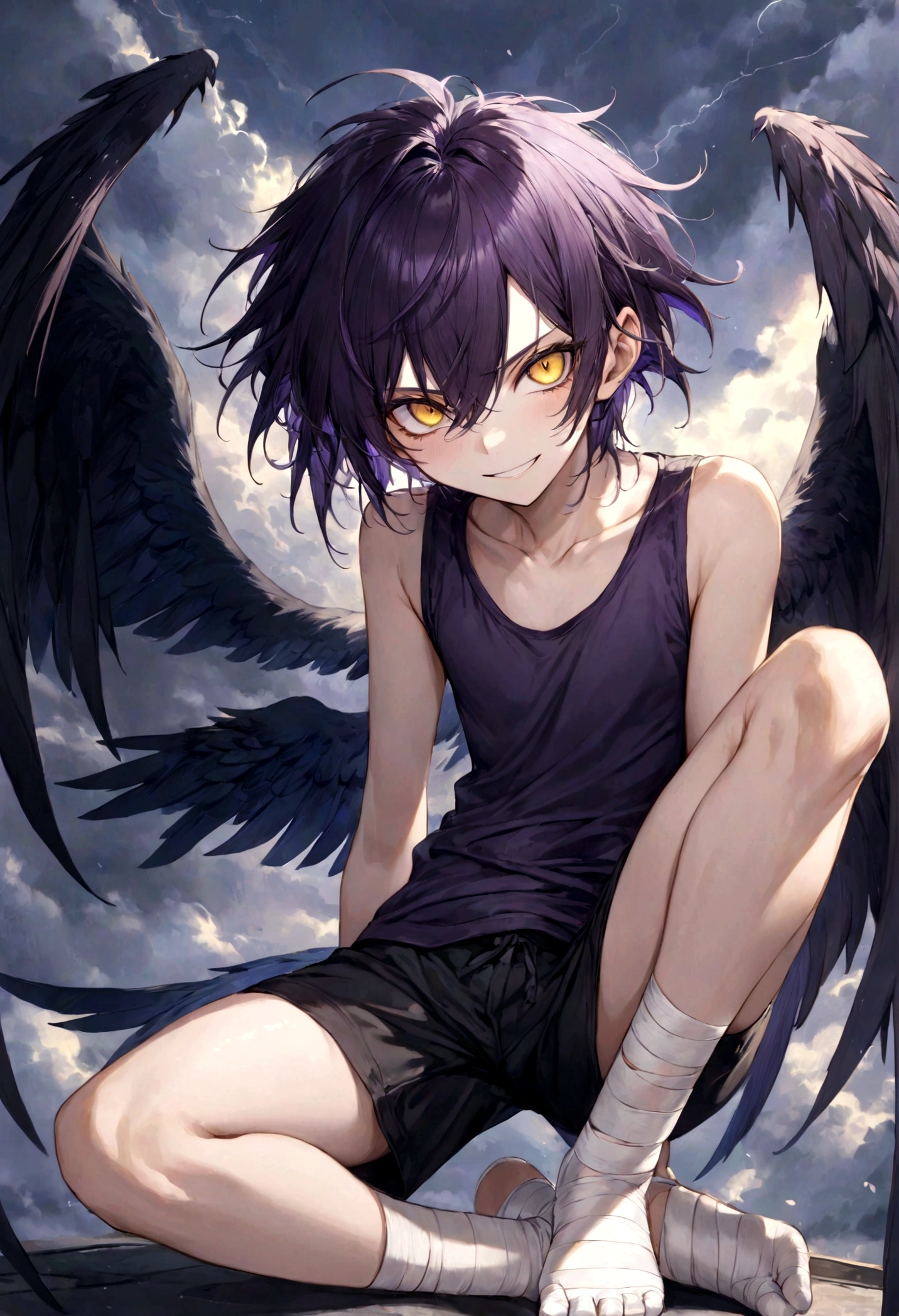 ((top-quality)), ((​masterpiece)), ((ultra-detailliert)), (extremely delicate and beautiful), harpy boy, bandages on feet, mischievous smile, dark purple hair, golden eyes, constricted pupils, dark purple wings, well fitted black tank top, dark black shorts, stormy sky background