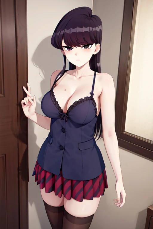 masterpiece, best quality, 1girl, solo, komi-san wa komyushou desu , black lingerie:1,2, looking at viewer, bathroom:1.2, serious face, standing:1.2, black stockings:1.2, 