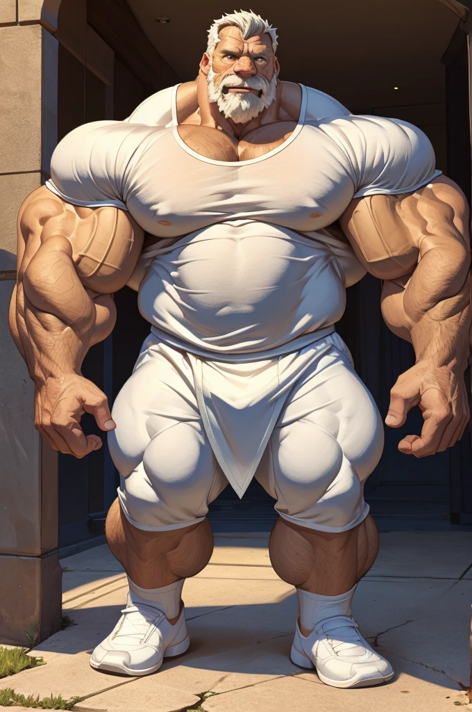 extremely huge muscular, massive muscular, full-body, well-muscled old man in a white shirt. ((extremely muscle size, super thick arms, huge pectoral, extremely wide pectoral , huge arms))