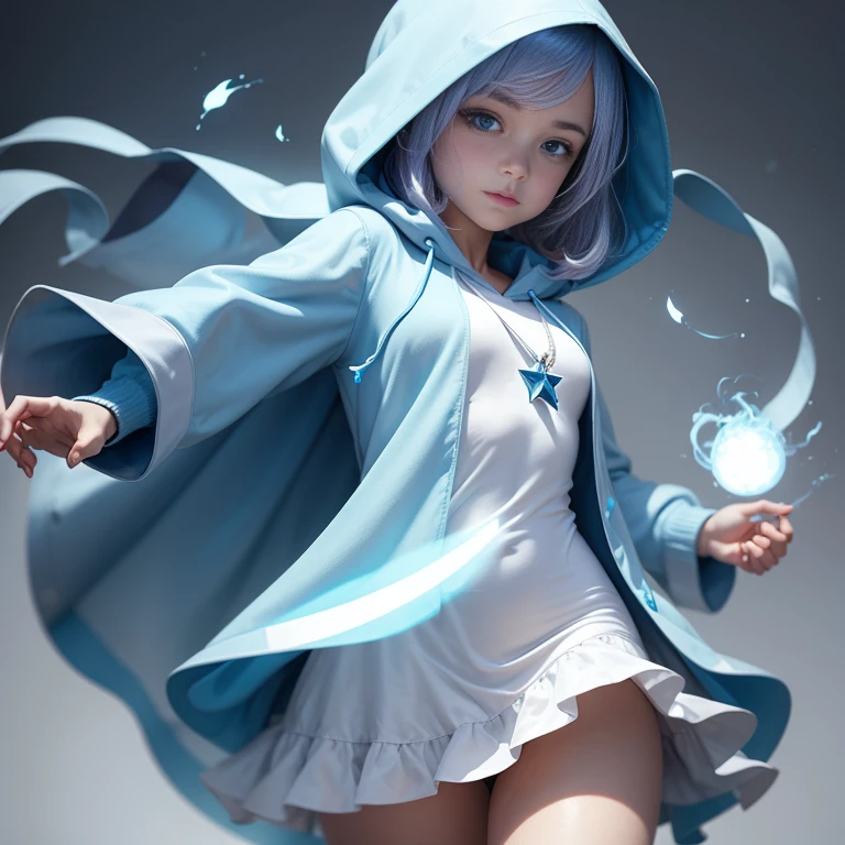 A magician girl wearing a light blue hooded tunic, mini dress, white mini skirt, conjuring magic.