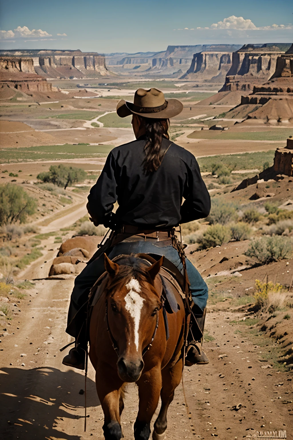 Oil painting of a wide valley landscape in the Old West with the shadow of an American cowboy on horseback in the background , Artistas relacionados a esse estilo incluem Frederic Remington, Carlos M. Russell e John Ford.