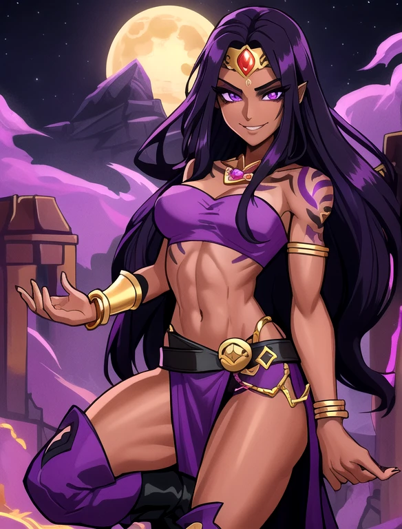 (best quality:1.3), (4K quality), (Detailed face:1.2), (Detailed eyes:1.2), solo, 1girl, 25 year old woman, sorceress, (dark skin:1.2), purple hair, wavy hair, long hair, purple eyes, mascaras, purple eyeshadow, (tattoos:1.2), medium breasts, waist, slender legs, attractive body, slim figure, perfect shape, ((Wearing: golden headband, purple strapless top, purple loincloth, pelvic curtain, golden belt, golden bracelets, long black boots)), holding a magical stuff, purple magic. She had a refreshing, charming personality and is ambiguous and mysterious. looking at viewer, she's looking at the camera with a flirtatious smile. Fantasy based setting, outdoors, fortress, darkness, dark, night, night sky, moon.
