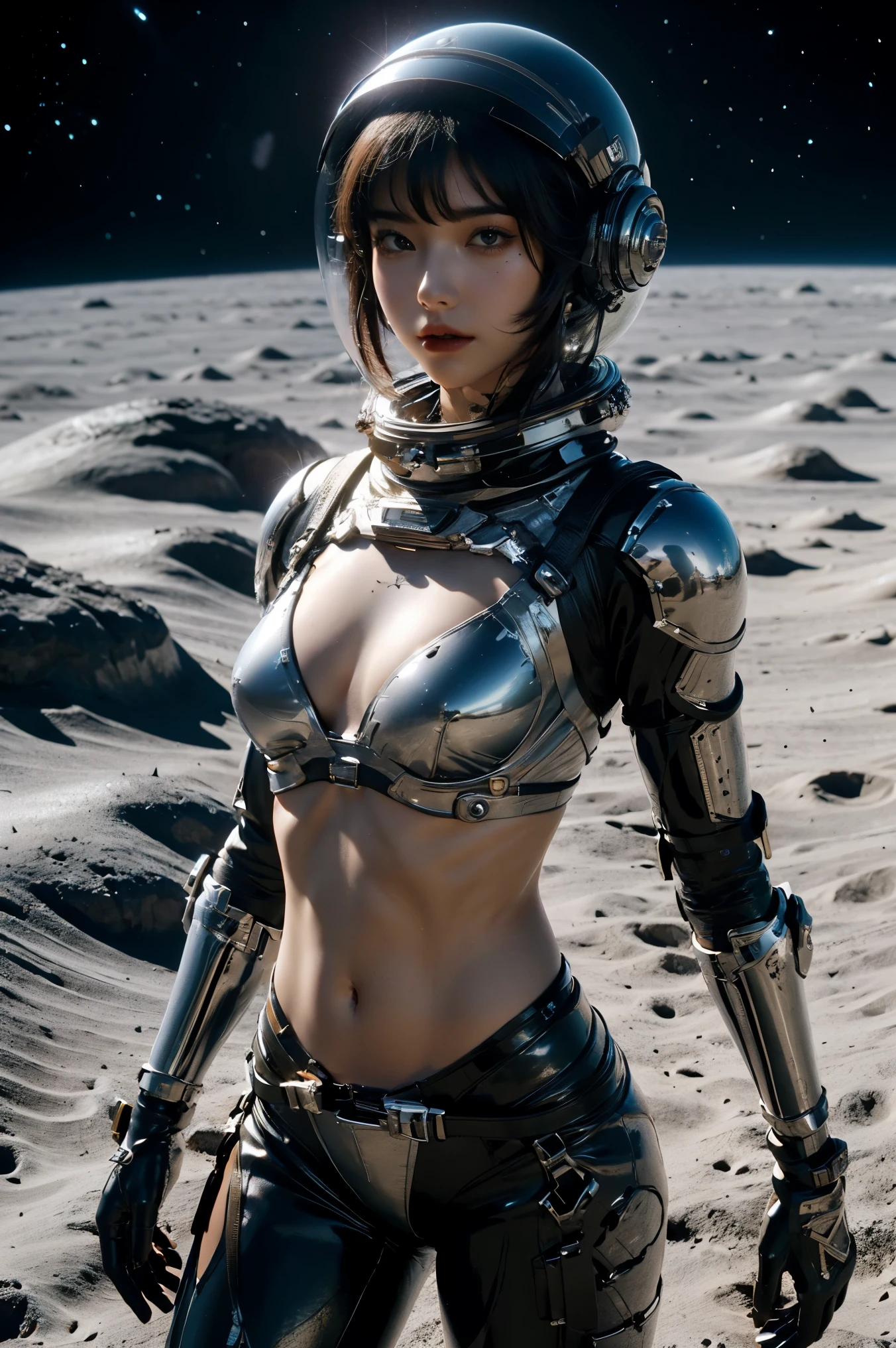 a girl in spacesuit, fully exposed midriff, bare waist,cowboy-shot, in outer space, desolate alien planet, transparen space-helmet,Transparent full-face helmet ,((bikini top)),((metal Bikini armor)), sexy exposed midriff, full metallic armor, bare midriff and waist, open abdomen, fully exposed abdomen, cowboy-shot, realistic, photorealistic, high quality, 8k, extremely detailed, masterpiece, dynamic pose, dramatic lighting, cinematic, sci-fi, futuristic, vibrant colors