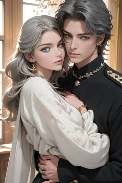 (masterpiece, highest quality, high resolution, 8k, difficulty: 1.2) photorealistic book cover in the genre of epic romantic fantasy, in the center of which a COUPLE (a man and a woman) is depicted. Spring romantic fantasy in the center stands a handsome, tall, statuesque, courageous young man, blond with long white hair, green eyes, dressed in an antique black military uniform and golden armor, he hugs from behind a beautiful, incredibly beautiful young femme fatale with long curly aquamarine hair, gray-blue eyes, she is a princess. proportional, delicate, shimmering, beautiful faces, daytime bokeh, fairy tale fairy, mysterious, bright spring color scheme, (Best quality, 8K, high resolution, Masterpiece: 1.2), Over-detailed (Realistic, Photorealistic, photorealistic-realistic: 1.37), Artistic decoration in a creative style, Historical, classic, sophistication, multicolor, high detail, soft lighting, luxurious furnishings, dress with details, bright flowers, exquisite jewelry, Unearthly atmosphere, Elegant pose, Graceful curves, Loose hair, Breathtaking patterns on textiles, Delicate floral decor, Dazzling set of crystal accessories, mysterious and dreamy atmosphere, impeccable attention to detail. expressive eyes, beautiful face.